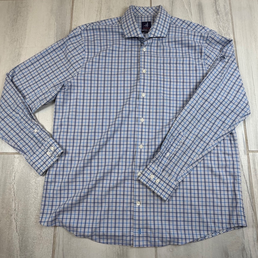 Johnnie-O Prep-Formance Osage Blue Plaid Shirt Mens XL JMWL6210 Oldfield Logo